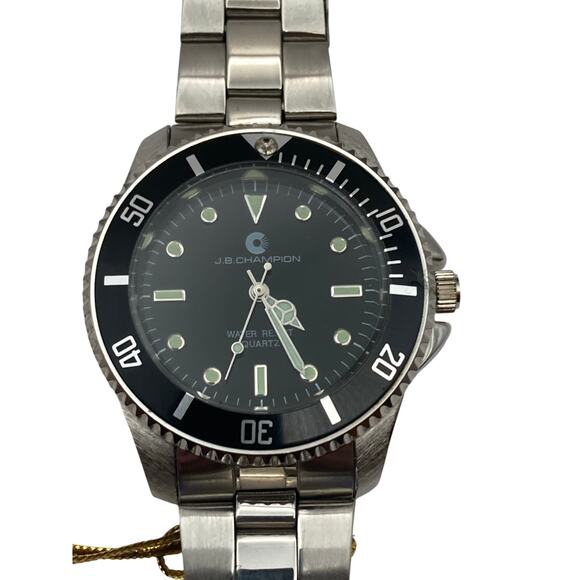 J.B. Champion Men's Quartz Watch 40mm Water Resistant Black Silver - New Battery - Picture 1 of 7